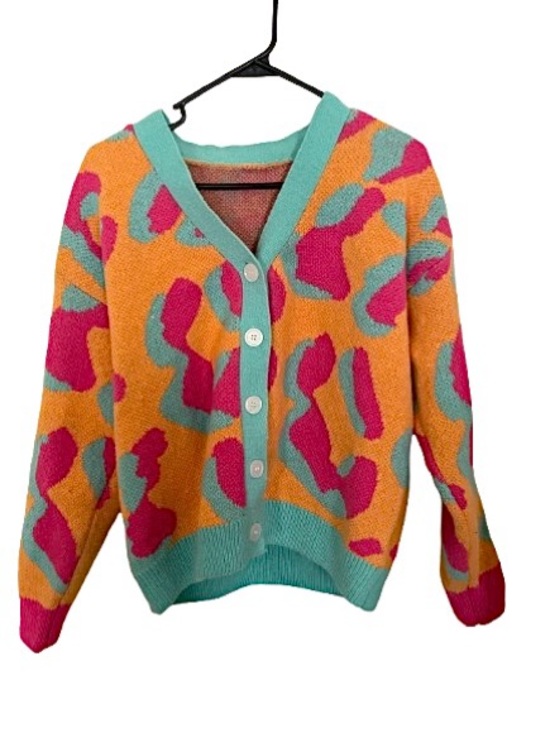 SHEIN Sweaters - SHEIN Orange, Pink & Teal Colorblock Button Cardigan